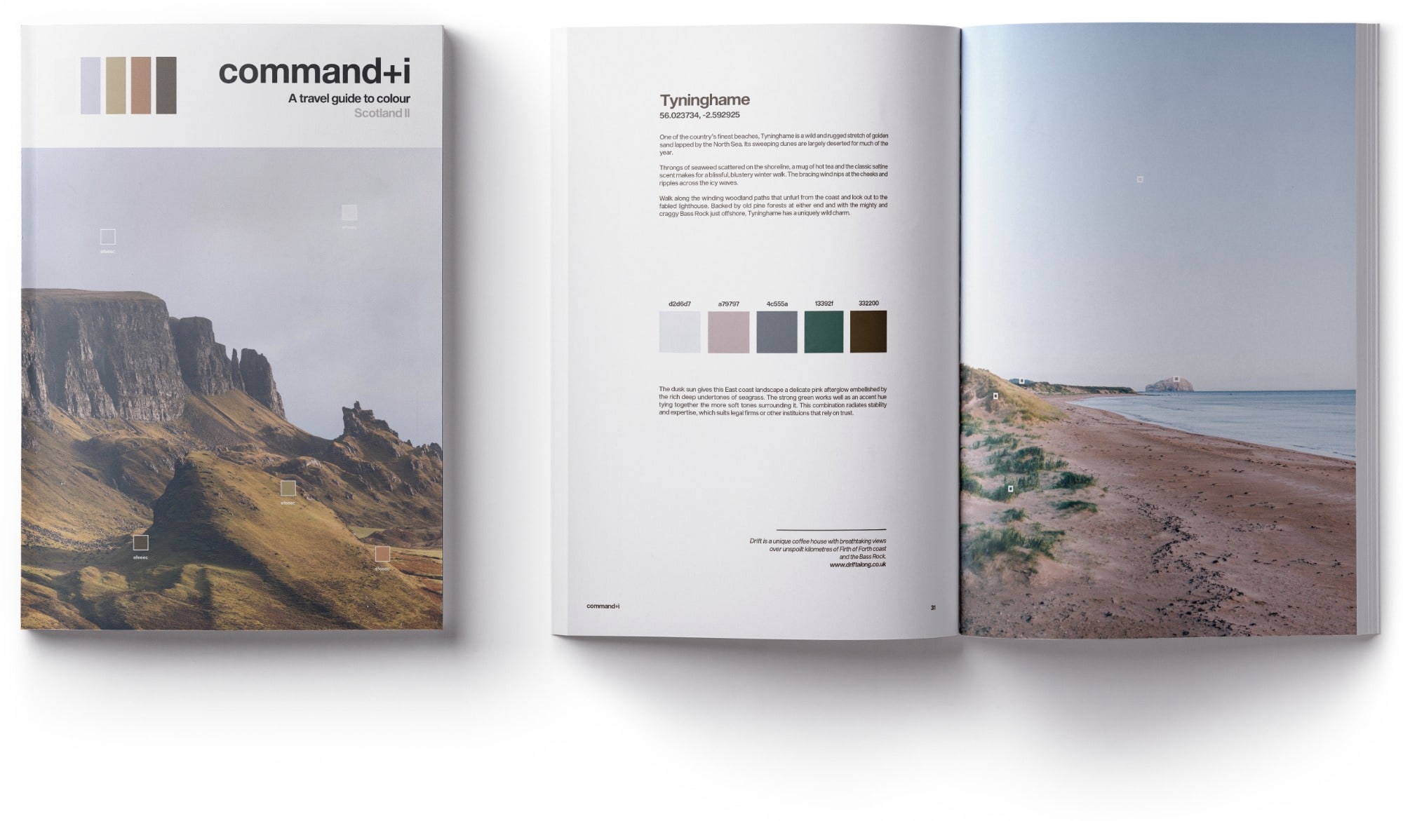 An issue of command+i magazine, closed and open at a spread