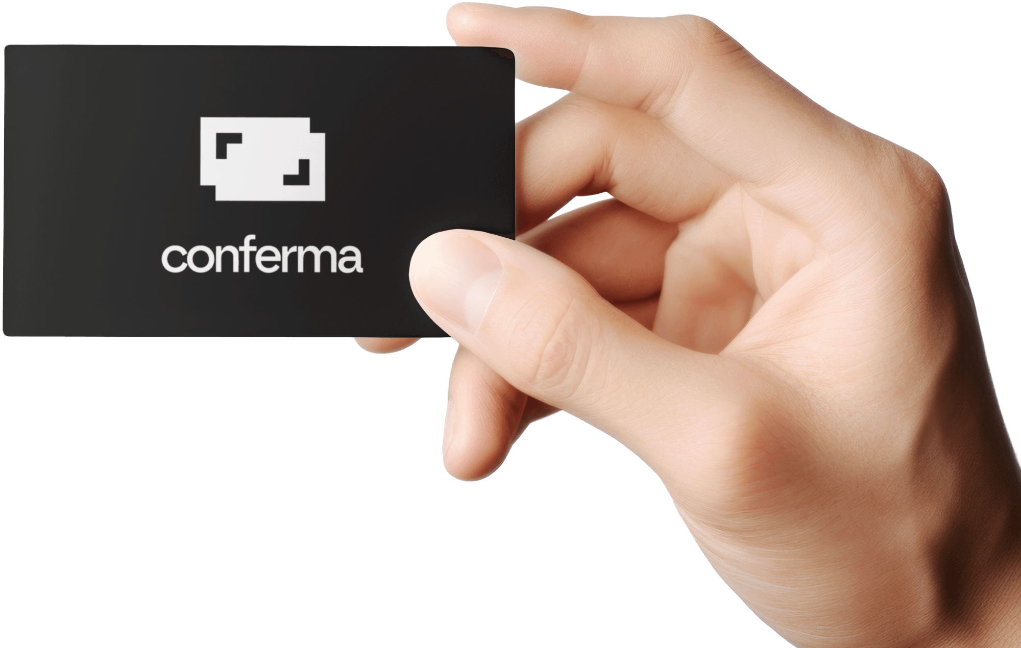 A hand holding a black Conferma card